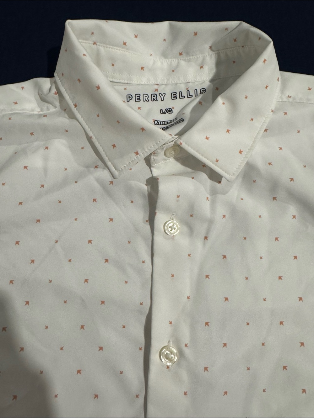 Perry Ellis Men’s Large White Button-Down Stretchy Shirt Peach/Pink Micro-Print